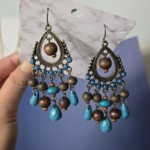 Vintage beads drop earrings  chandelier style blue/ brown beads  brass tone